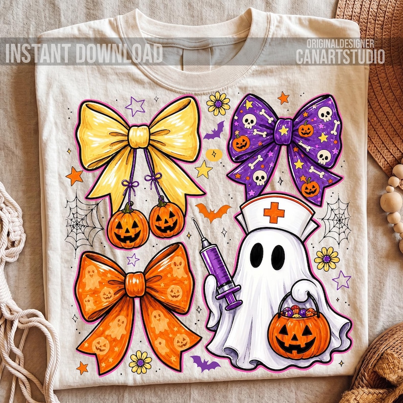 May include: A cream-colored t-shirt featuring a graphic print of three decorative bows, a ghost dressed as a nurse holding a syringe, and a jack-o'-lantern bucket. The design includes small stars, flowers, spiderwebs, and bats in orange and purple.