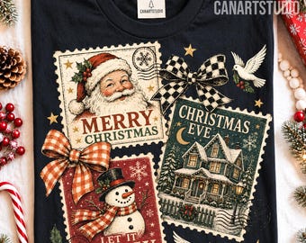 Merry Christmas PNG, Vintage Holiday Postcard Collage, Sublimation Digital File