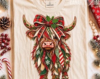 Christmas Highland Cow PNG, Patchwork Cow Sublimation Digital File