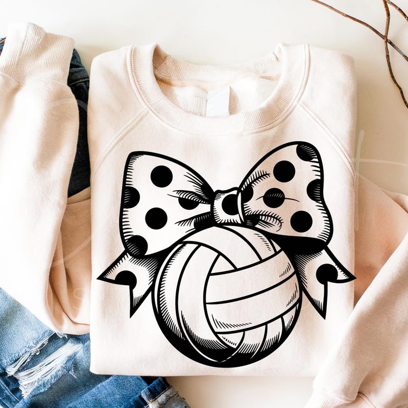 May include: A black and white illustration of a volleyball with a polka dot bow on top. The volleyball is drawn in a vintage style.