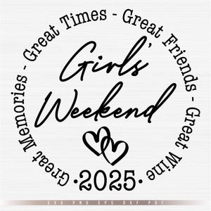 Archivo SVG de fin de semana de chicas 2025, viaje de chicas 2024, archivo SVG para Cricut, buenos momentos, amigos, vino, diseño de camiseta vectorial, viaje de chicas SVG, PNG, EPS, DXF, PDF