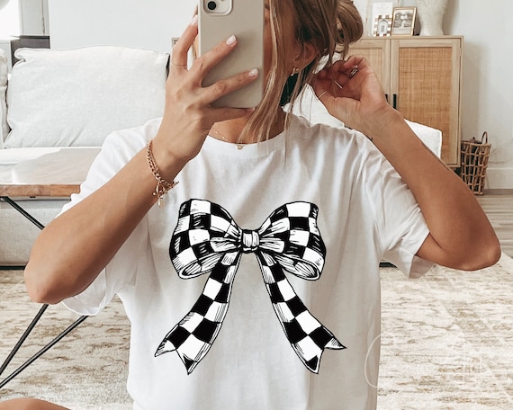 Coquette Bow Png Retro Sublimation Print T-Shirt Clipart Design, Coquette Ribbon Print File, Checkered Bow Tie Png Digital Instant Download