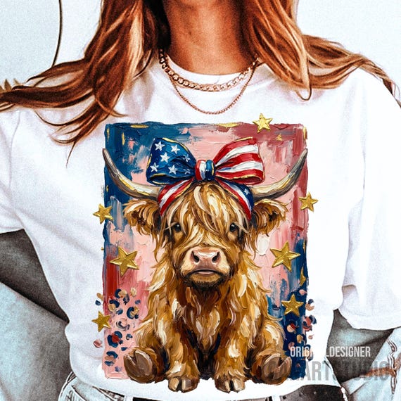 Patriotic Highland Cow PNG - 4th of July Cow With Bow Sublimation Design