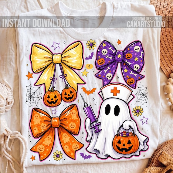 Halloween Nurse Ghost PNG, Spooky Nurse Sublimation Design, Pumpkin Bow Medical Shirt, Digital Download