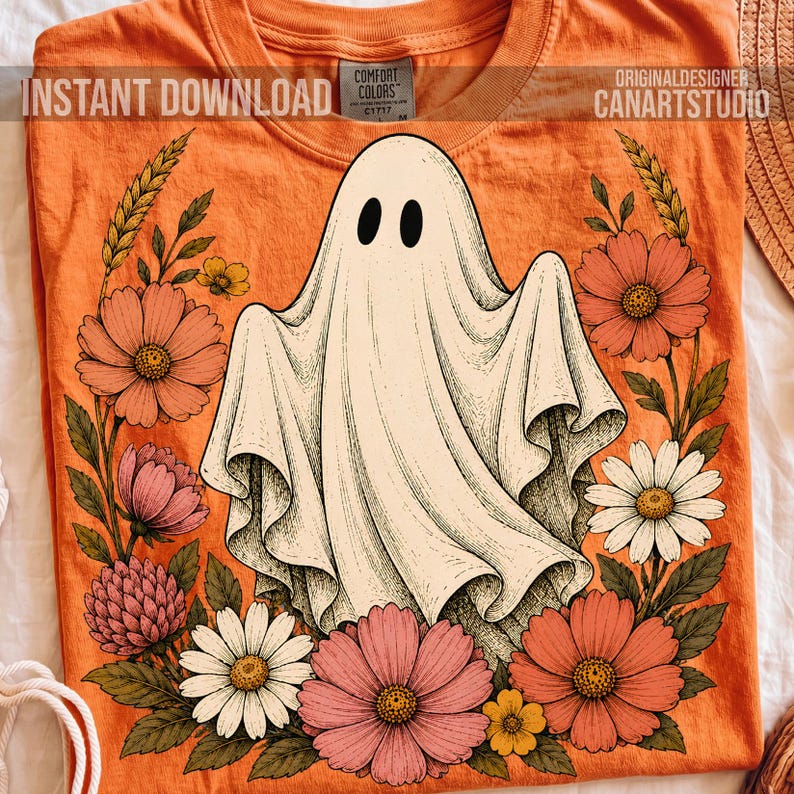 Floral Ghost PNG, Halloween Sublimation Design, Commercial Use Digital File image 5