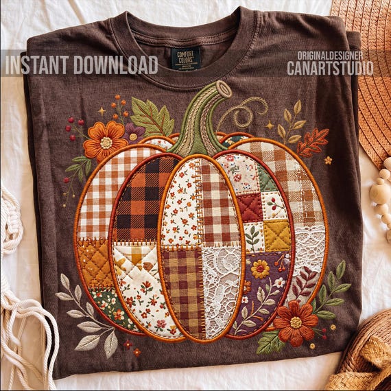 Patchwork Pumpkin PNG - Faux Embroidery Autumn Pumpkin Sublimation Design for Fall Shirts