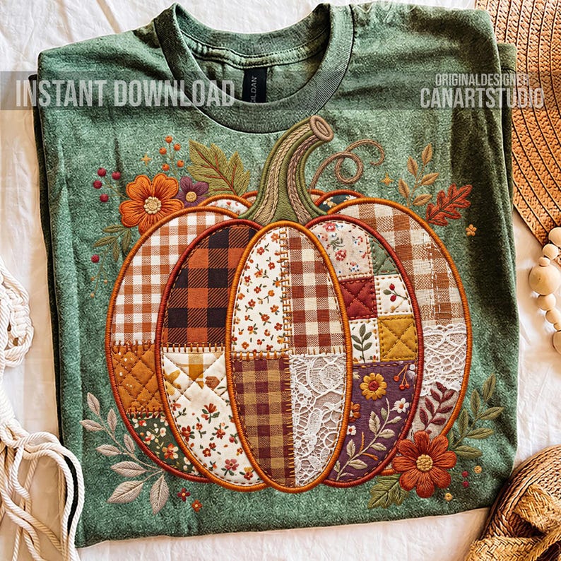Pode incluir: Camiseta verde com um design detalhado de ab&oacute;bora. A ab&oacute;bora &eacute; composta por v&aacute;rios padr&otilde;es de tecido, incluindo xadrez e estampas florais, com detalhes bordados. A camiseta tem o texto "INSTANT DOWNLOAD" e "ORIGINALDESIGNS CANARTSTUDIO".