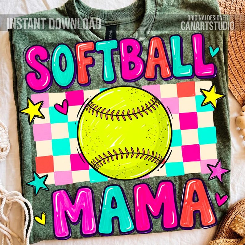 May include: Green t-shirt with the words "SOFTBALL MAMA" in bubble letters. A softball graphic is in the center, with a checkered background. The shirt also has the text "INSTANT DOWNLOAD" and "ORIGINALDESIGNER CANARTSTUDIO".