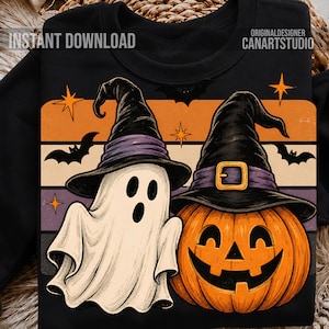 Vintage Halloween-Geisterkürbis-PNG | Retro-Hexenhut-Design | Gruseliges T-Shirt-Motiv