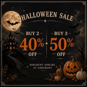 May include: A black graphic featuring the text HALLOWEEN SALE, BUY 2 40% OFF, BUY 3 50% OFF, and DISCOUNT APPLIES AT CHECKOUT. The design includes a full moon, a haunted house on a hill, flying bats, and three orange jack-o'-lanterns on the ground.