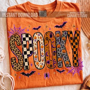 May include: Orange t-shirt with the word "SPOOKY" in a variety of Halloween-themed patterns, including leopard print, checkerboard, pumpkins, and skulls. The design includes bats, spiderwebs, and stars. Text on the shirt reads "INSTANT DOWNLOAD" and "ORIGINALDESIGNER CANARTSTUDIO".