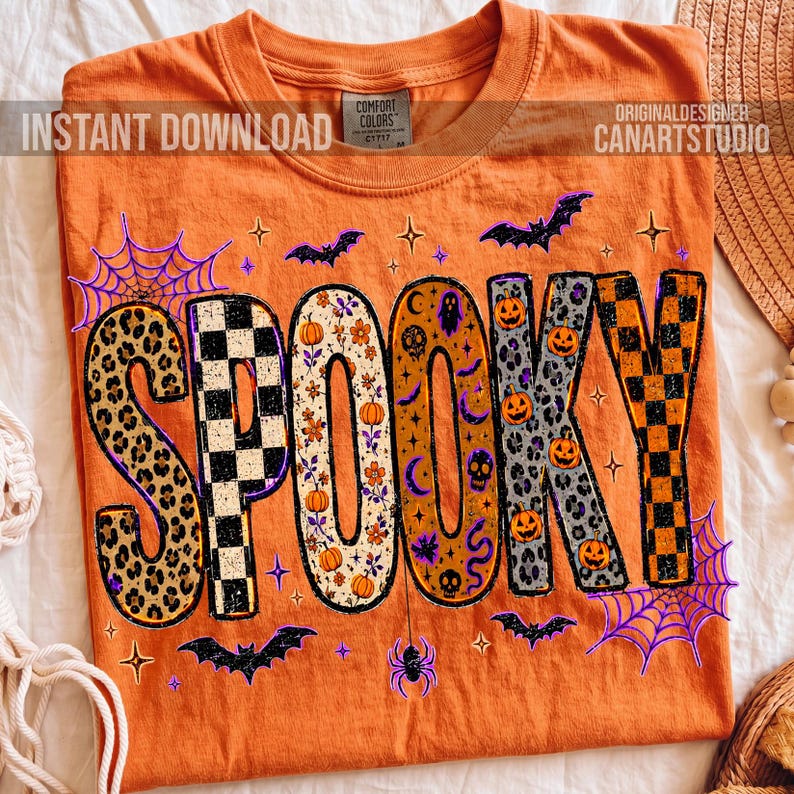 May include: Orange t-shirt with the word "SPOOKY" in a variety of Halloween-themed patterns, including leopard print, checkerboard, pumpkins, and skulls. The design includes bats, spiderwebs, and stars. Text on the shirt reads "INSTANT DOWNLOAD" and "ORIGINALDESIGNER CANARTSTUDIO".