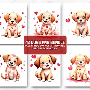 Valentine Dog Png Bundle, Valentinstag Clipart Bundle, Aquarell Cute Dog Sublimationsdruck Süßer Hund Love-Themed PNG, Romantische Katze