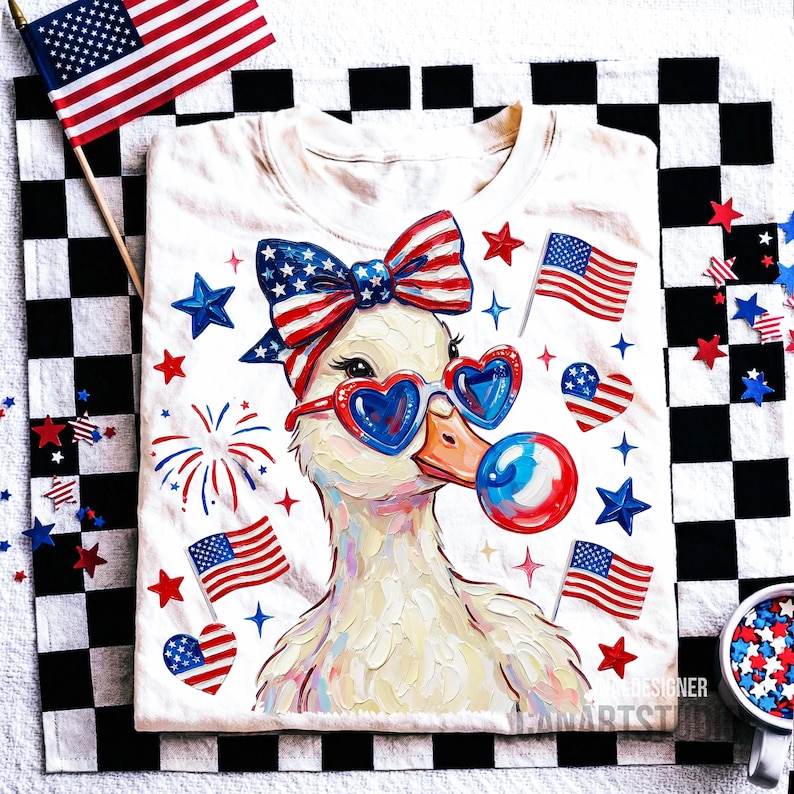 Op de afbeelding: Wit T-shirt met een eendenontwerp met een hartvormige zonnebril en een strik in rood, wit en blauw. Het ontwerp bevat Amerikaanse vlaggen, sterren en een bel. Het shirt is versierd met patriottische elementen.