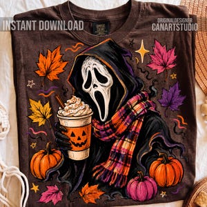 Ghostface höstkaffe PNG, Halloween latteskjorta design, sublimering för höstens kusliga säsong