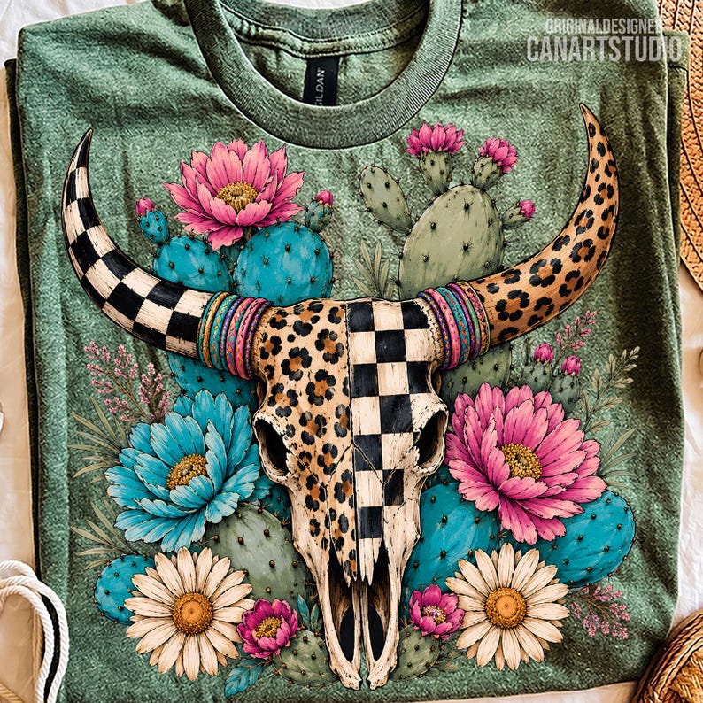 Boho Cow Skull PNG, Western Cactus Floral Design, Sublimation Design, Digital File image 4