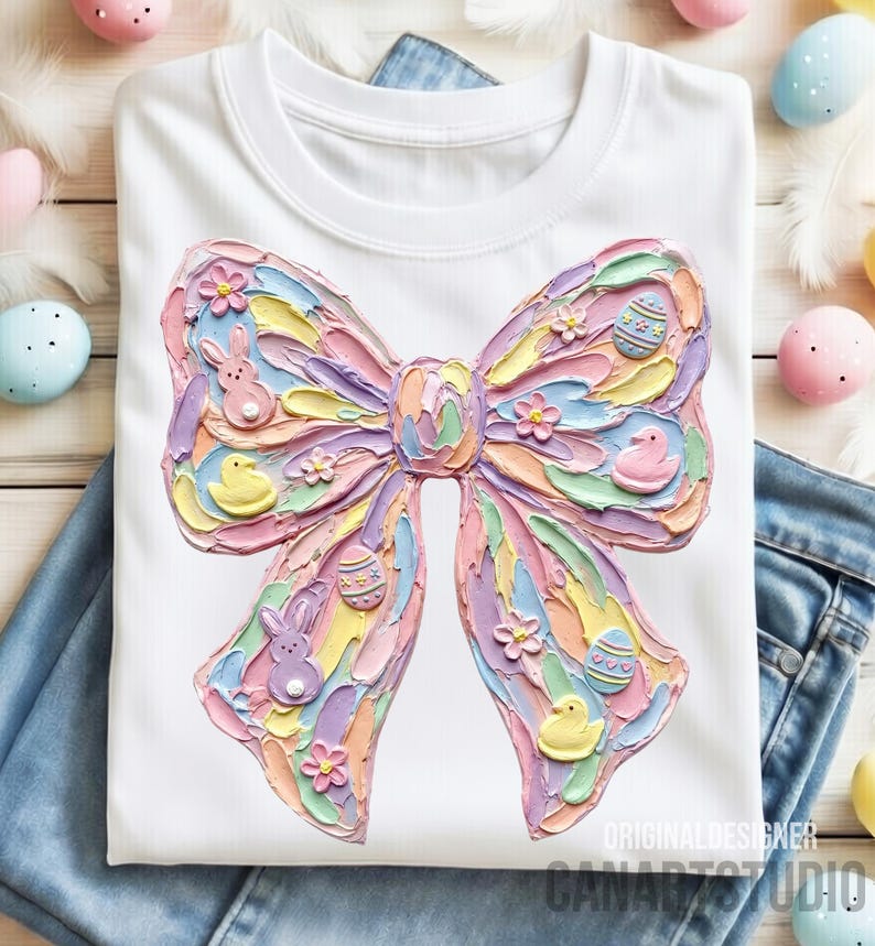 May include: White t-shirt featuring a large, textured bow design in pastel colors. The bow is adorned with Easter-themed embellishments, including eggs, bunnies, and ducklings. The shirt is displayed on a pair of blue jeans.