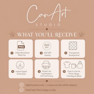 Puede incluir: Un gr&aacute;fico de informaci&oacute;n de producto digital para CanArt Studio con un fondo marr&oacute;n claro. Enumera seis caracter&iacute;sticas: un archivo PNG de alta resoluci&oacute;n, calidad de 300 DPI, fondo transparente, descarga digital instant&aacute;nea, compatibilidad con sublimaci&oacute;n e impresi&oacute;n, y uso para camisetas, tazas y bolsas de tela.