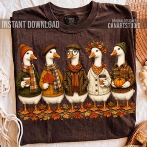 May include: A dark brown t-shirt featuring a graphic of five white geese dressed in autumn clothing. The geese wear scarves, jumpers, hats, and glasses, holding items like coffee cups and a pumpkin, standing on a bed of fallen autumn leaves.