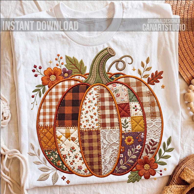Pode incluir: Camiseta branca com um design de ab&oacute;bora bordada. A ab&oacute;bora &eacute; composta por v&aacute;rios padr&otilde;es de tecido, incluindo xadrez e estampas florais, em tons de laranja, marrom e creme. O design inclui o texto "INSTANT DOWNLOAD" e "ORIGINALDESIGNER CANARTSTUDIO".