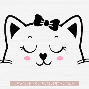 Cat Face Svg, Cute Cat Face Svg Outline, Cat Face con file Svg con papillon File di taglio per Cricut, Vector Clipart Png Download istantaneo Taglio