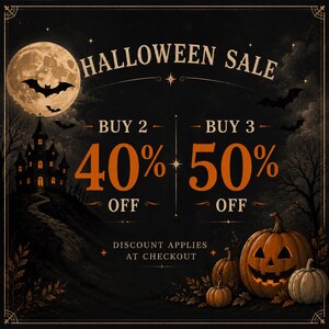 May include: A black graphic featuring the text HALLOWEEN SALE, BUY 2 40% OFF, BUY 3 50% OFF, and DISCOUNT APPLIES AT CHECKOUT. The design includes a full moon, a haunted house on a hill, flying bats, and three orange jack-o'-lanterns on the ground.