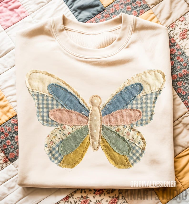 May include: Cream-colored sweatshirt featuring a large butterfly applique. The butterfly design incorporates various fabric patterns and colors, including blue gingham, floral prints, and pastel hues. The text "ORIGINALDESIGNER" and "NANARTSSTUDIO" are visible.