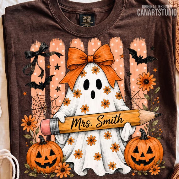 Halloween Teacher Ghost PNG, Cute Pencil and Pumpkin Design, Sublimation Digital File
