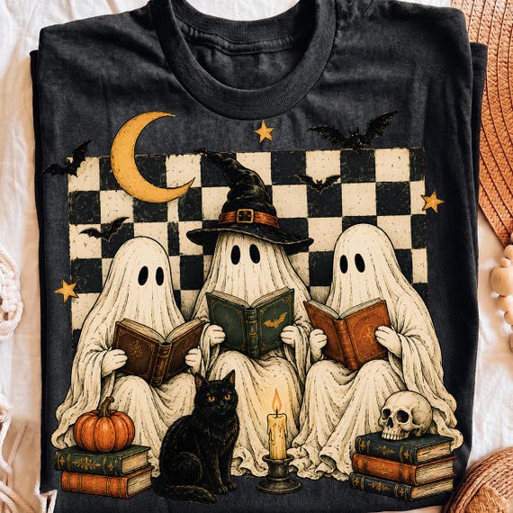 Halloween Reading Ghosts PNG, Witchy Book Club and Black Cat Design, Sublimation Digital File