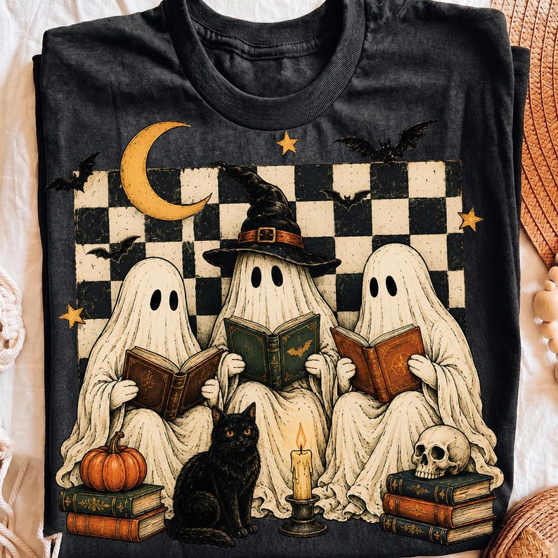 Halloween-läsande spöken PNG, häxbokklubb och svart kattdesign, sublimeringsdigital fil bild 1
