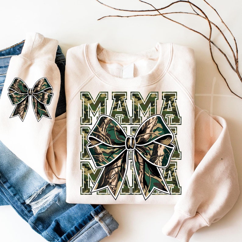 A rustic camouflage bow with woodland colors paired with bold "Mama" text. Perfect for crafting outdoor-inspired designs and coquette-themed projects.