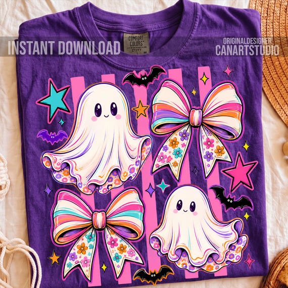 Girly Ghost PNG, Halloween Sublimation, Pink Bow Cute Spooky Shirt Graphic