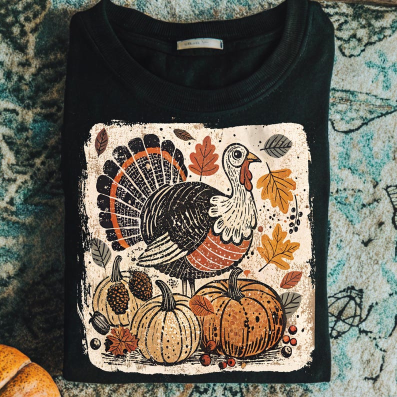 Pode incluir: Camisola preta de gola redonda com um design de A&ccedil;&atilde;o de Gra&ccedil;as. O design inclui um peru, ab&oacute;boras e folhas de outono em tons de laranja, castanho e bege. A camisola est&aacute; dobrada sobre uma superf&iacute;cie estampada.