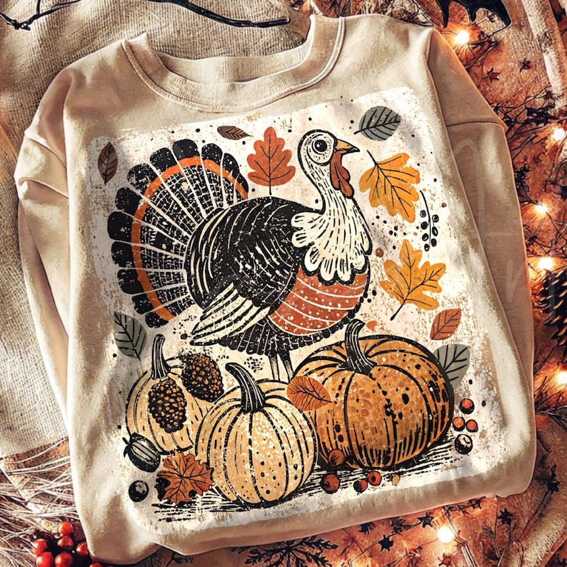 A rustic vintage turkey with pumpkins and autumn leaves in distressed Thanksgiving style. Perfect for farmhouse fall décor, shirts, mugs, and holiday crafts. High-resolution PNG, instant digital download.