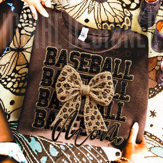 Faux Baseball Mama Png Yarn Texture Printable Sublimation Design Leopard Print Coquette Style Bow for Sports Lover Moms, Digital Graphic