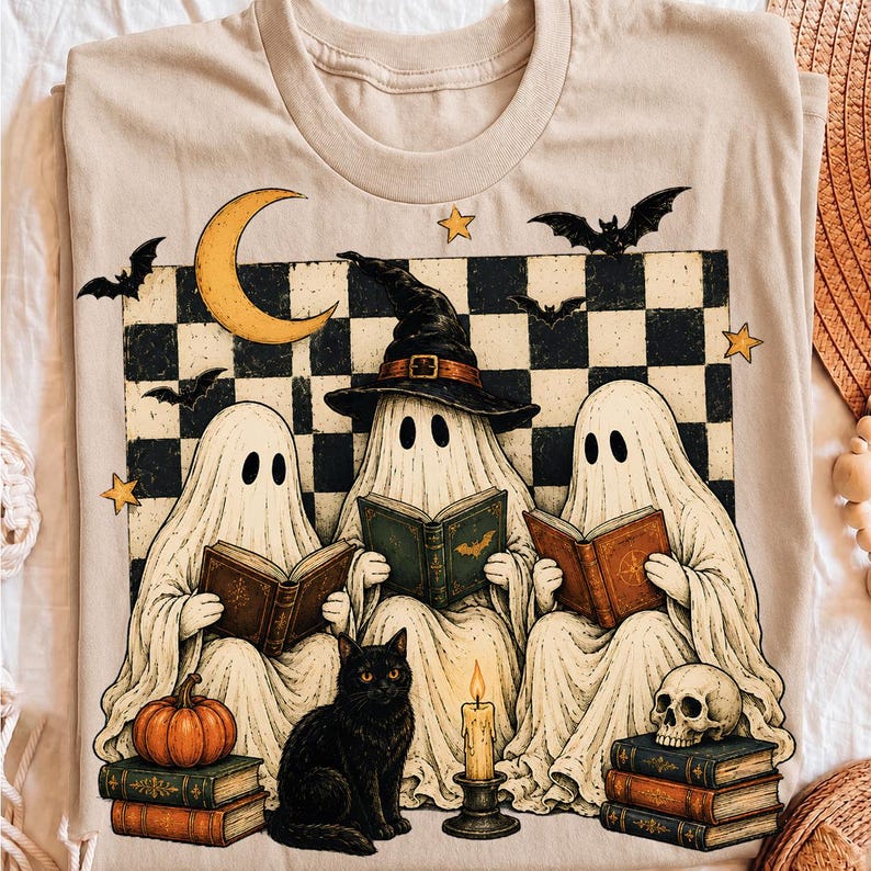 Halloween-läsande spöken PNG, häxbokklubb och svart kattdesign, sublimeringsdigital fil bild 4