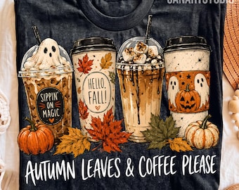 Herfstbladeren en koffie (PNG), ontwerp voor een spookachtig herfstdrankje, digitaal sublimatiebestand
