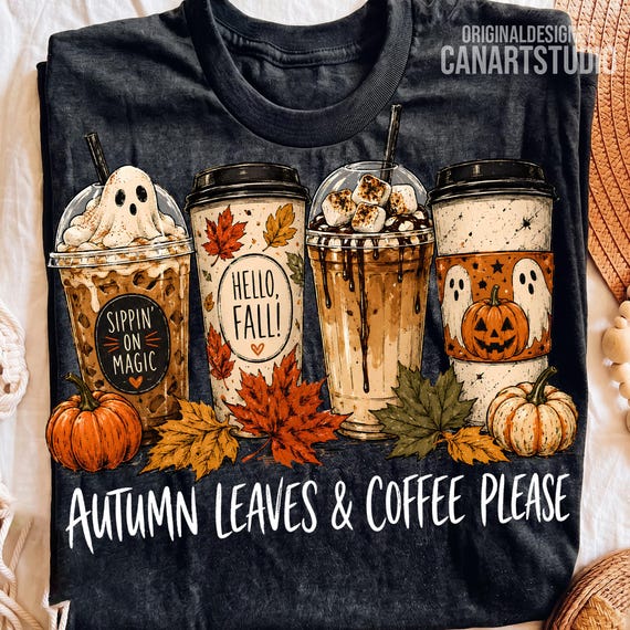 Autumn Leaves & Coffee Please PNG, Fall Ghost Drink Design, Sublimation Digital File
