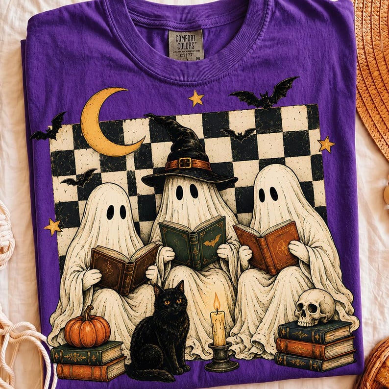 Halloween-läsande spöken PNG, häxbokklubb och svart kattdesign, sublimeringsdigital fil bild 6