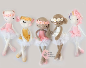 Ballerina Crochet Doll Pattern Pack, 5in1 | 14,5 inches - 37cm Doll Amigurumi Doll Pattern, Bunny, Rabbit, Cat, Mouse, Unicorn, Monkey