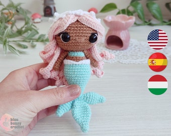 Mini Mermaid Crochet Doll Pattern - Mayla, SMALL Size-Eng/Esp/Hun- Mermaid Amigurumi Doll Pattern, 14cm/5inches