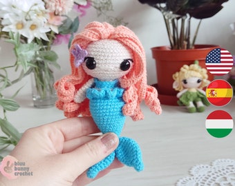 Mini Mermaid Crochet Doll Pattern, SMALL Size-Eng/Esp/Hun- Mermaid Amigurumi Doll Pattern, 14cm/5inches