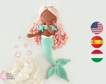 Crochet Mermaid Pattern, MEDIUM Size Eng/Esp/Hun Mermaid Amigurumi Doll Pattern, 26 cm/10inches