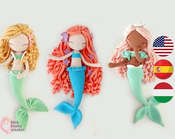 Mermaid Crochet Doll Pattern PACK 3in1, MEDIUM Size-Eng/Esp/Hun- Mermaid Amigurumi Doll Pattern, 26 cm/10inches