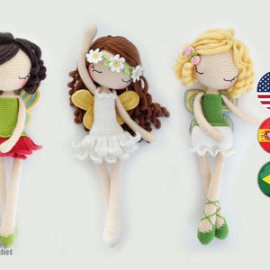 Ballerina Fairy Crochet Pattern PACK 3in1 De/Esp/PT - Fee, Amigurumi-Puppe Muster, 37 cm, Blumenfee