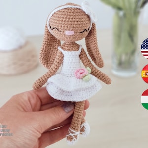 Small Crochet Bunny Pattern ENG/HUN/ESP 13cm/5inches Amigurumi Rabbit Pattern, Ballerina Bunny Doll
