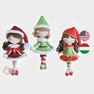 May include: Three handmade crochet elf dolls. Each doll has a unique outfit: a red and white Santa-style dress, a green elf outfit, and a red and green outfit. All dolls have brown hair and are wearing hats. The dolls are approximately 6 inches tall.