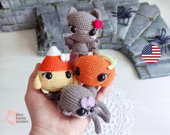 Halloween Crochet Pattern: Bat, Spider, Pumpkin, Candy Corn Amigurumi (MINI Size) (PDF Pattern)