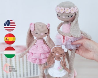 Crochet Bunny Pattern PACK 3in1 Eng/HUN/Esp Amigurumi Rabbit Pattern, Crochet Ballerina Doll Tutorial