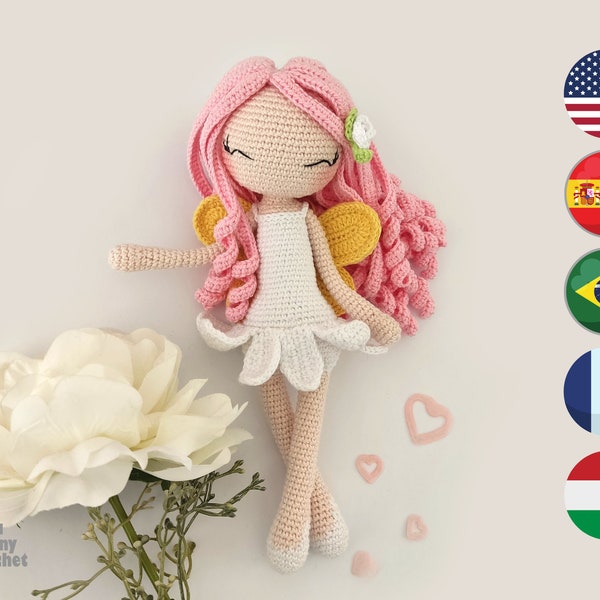 Flower Fairy Doll Crochet Pattern, MEDIUM Size-Eng/Esp/PT/FR/Hun- Fairy Amigurumi Doll Pattern, 26 cm/10inches, Fairy Crochet Doll Pattern